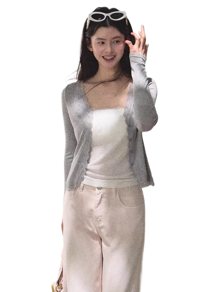 Lyocell Wool Lace-Trim Fitted Knit Cardigan