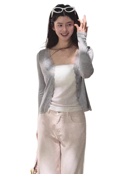 Lyocell Wool Lace-Trim Fitted Knit Cardigan