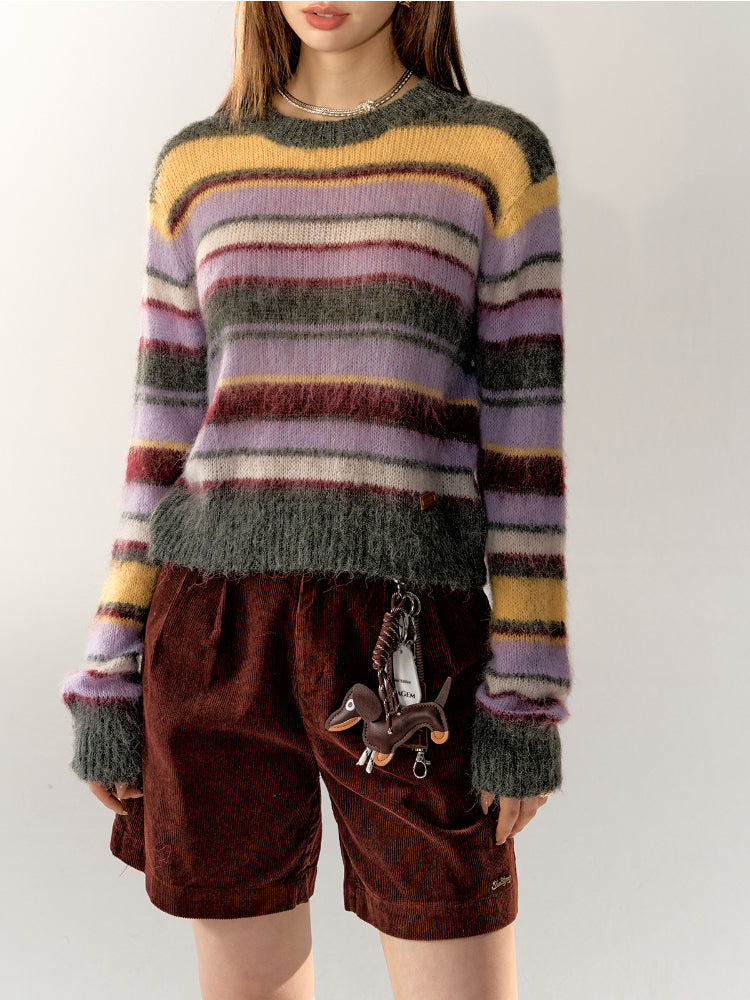 Color-Block Crew Neck Striped Knit Sweater