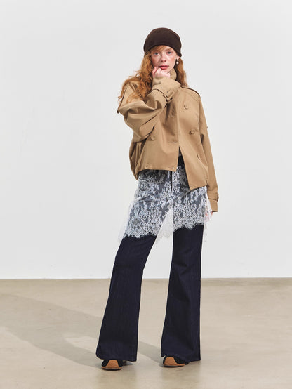 Stand Collar Double-Breasted Cropped Trench Coat