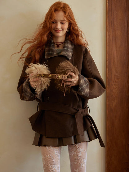 Plaid Panel Belted Wool-Blend Jacket