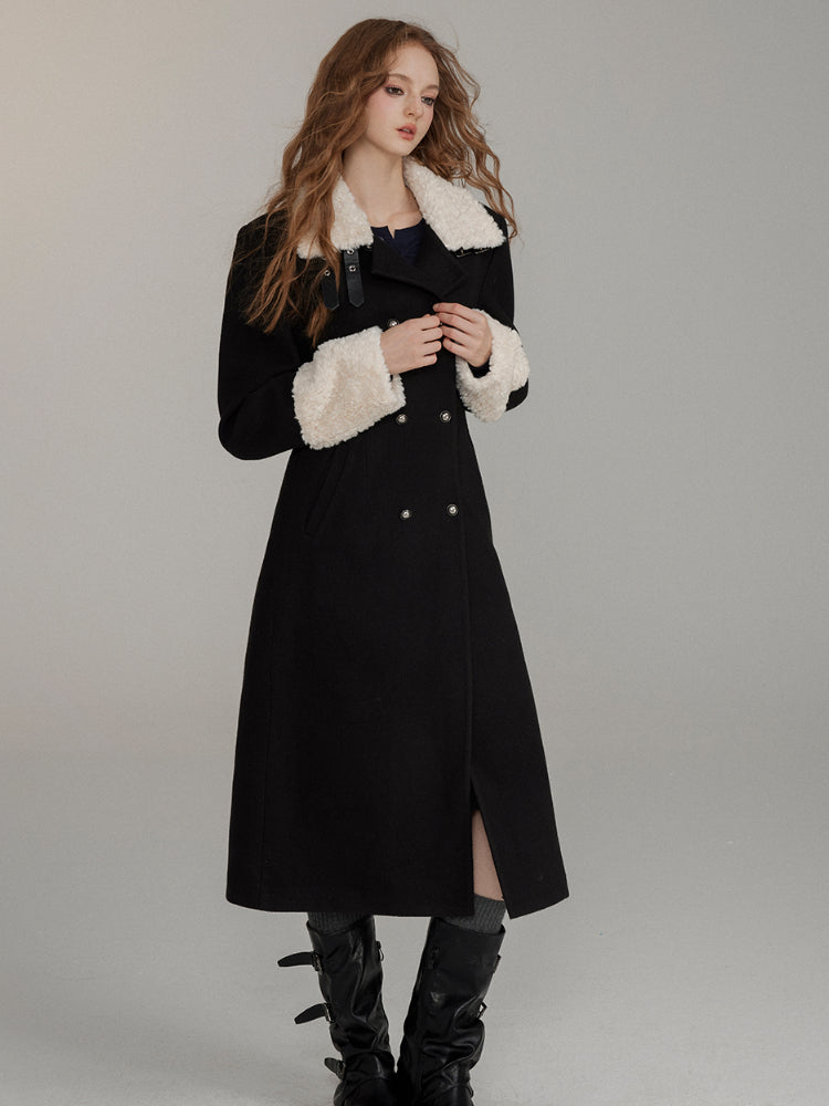 Wool Fleece Trim Long Coat