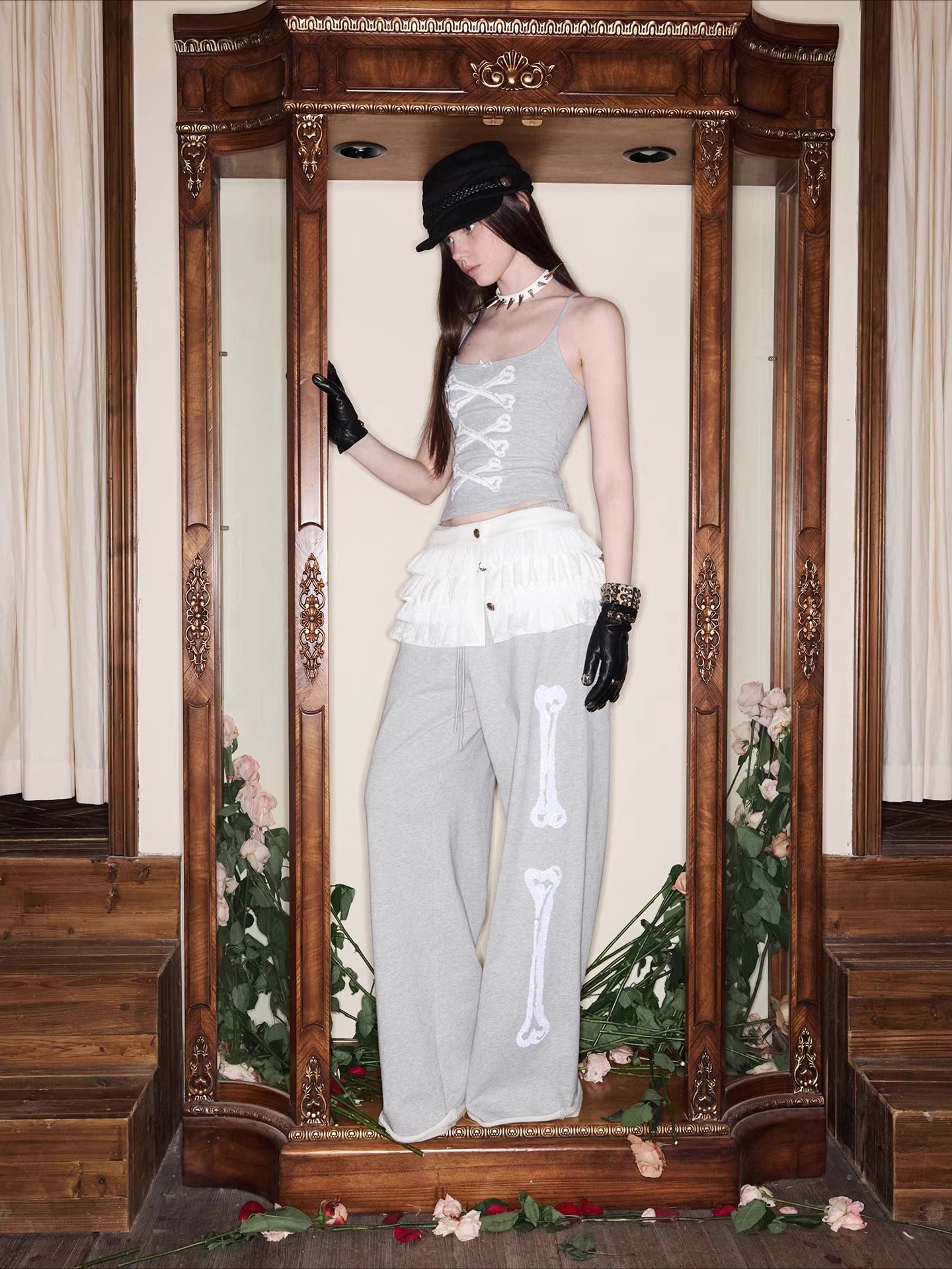 Button Chiffon Lace Layered Mini Skirt