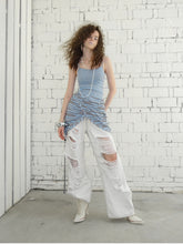 Blue-Gray Striped Two-Way Beaded Swing Collar Tank Top - CHINASQUAD