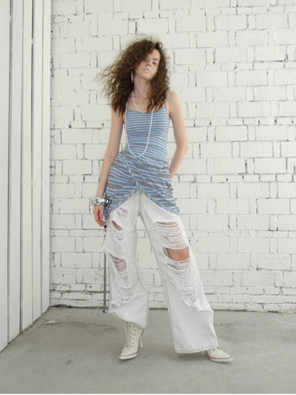 Blue-Gray Striped Two-Way Beaded Swing Collar Tank Top - CHINASQUAD