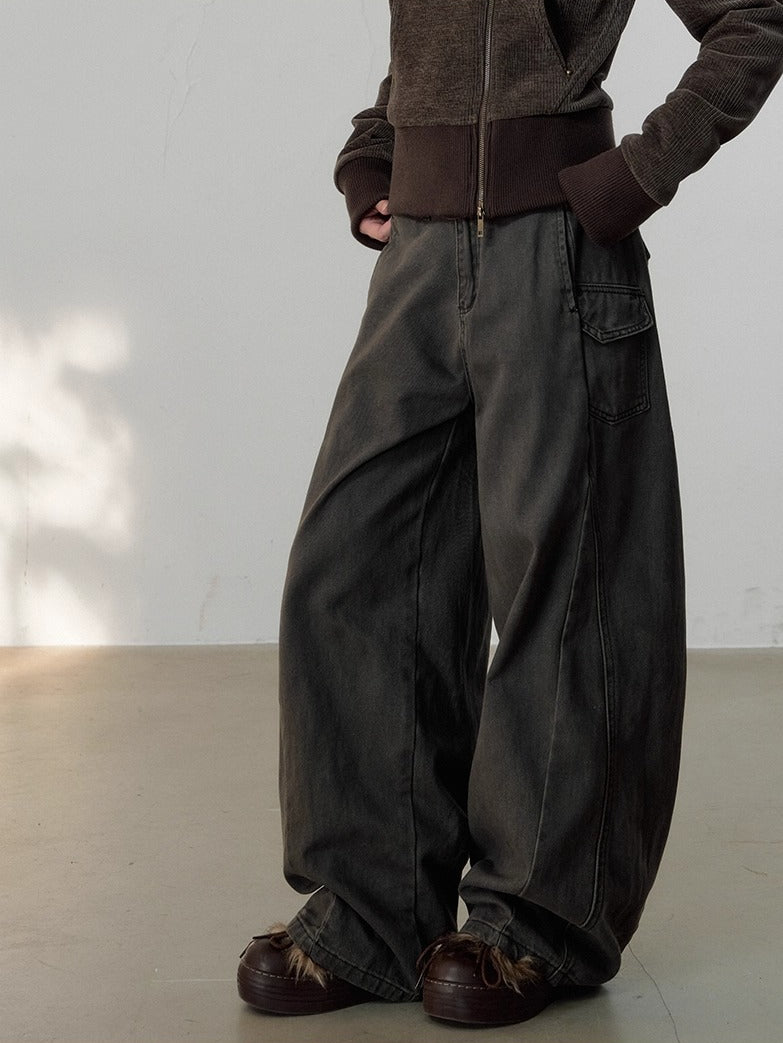 Vintage-Wash Curved Wide-Leg Pants