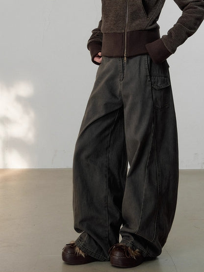 Vintage-Wash Curved Wide-Leg Pants