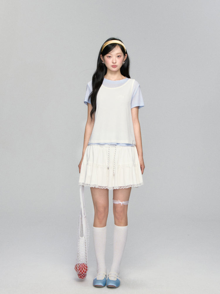 High-waisted Drawstring Lace-spliced Tiered Skirt - CHINASQUAD