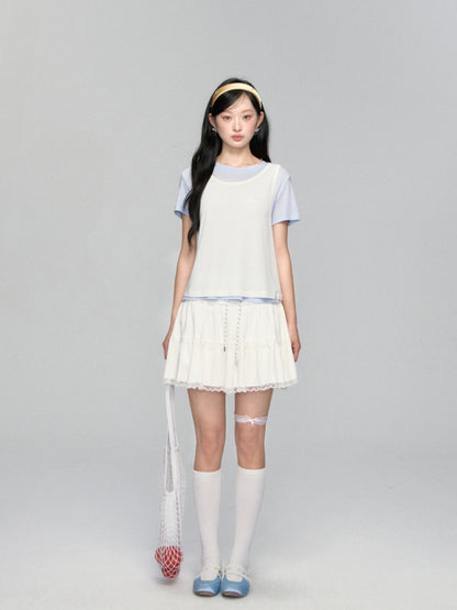 High-waisted Drawstring Lace-spliced Tiered Skirt - CHINASQUAD