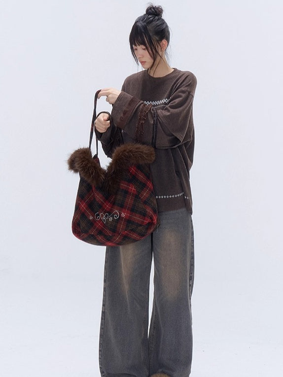 Plaid Wool-Blend Large Tote Bag