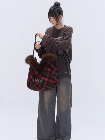 Plaid Wool-Blend Large Tote Bag