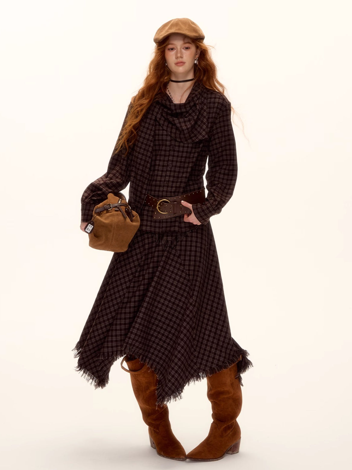 Vintage Plaid Beaded Tie-Scarf Shirt