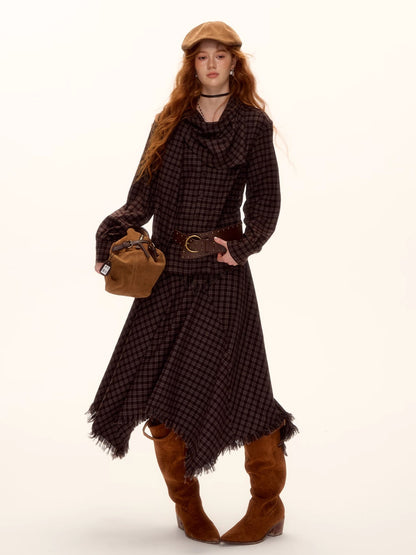 Vintage Plaid Beaded Tie-Scarf Shirt