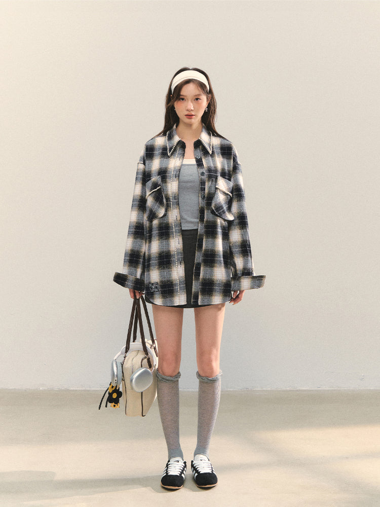 Pearl-Trimmed Polo-Neck Checkered Shirt - CHINASQUAD
