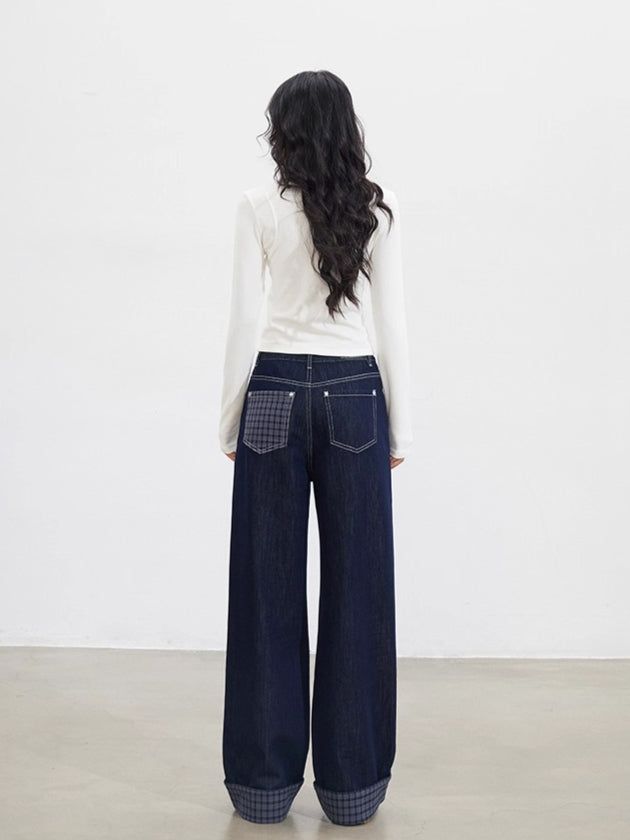 MacyMccoy Plaid Patchwork Wide-Leg Jeans - CHINASQUAD