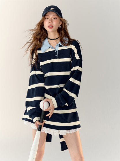 Color-block Rose Embroidery Striped Polo Dress