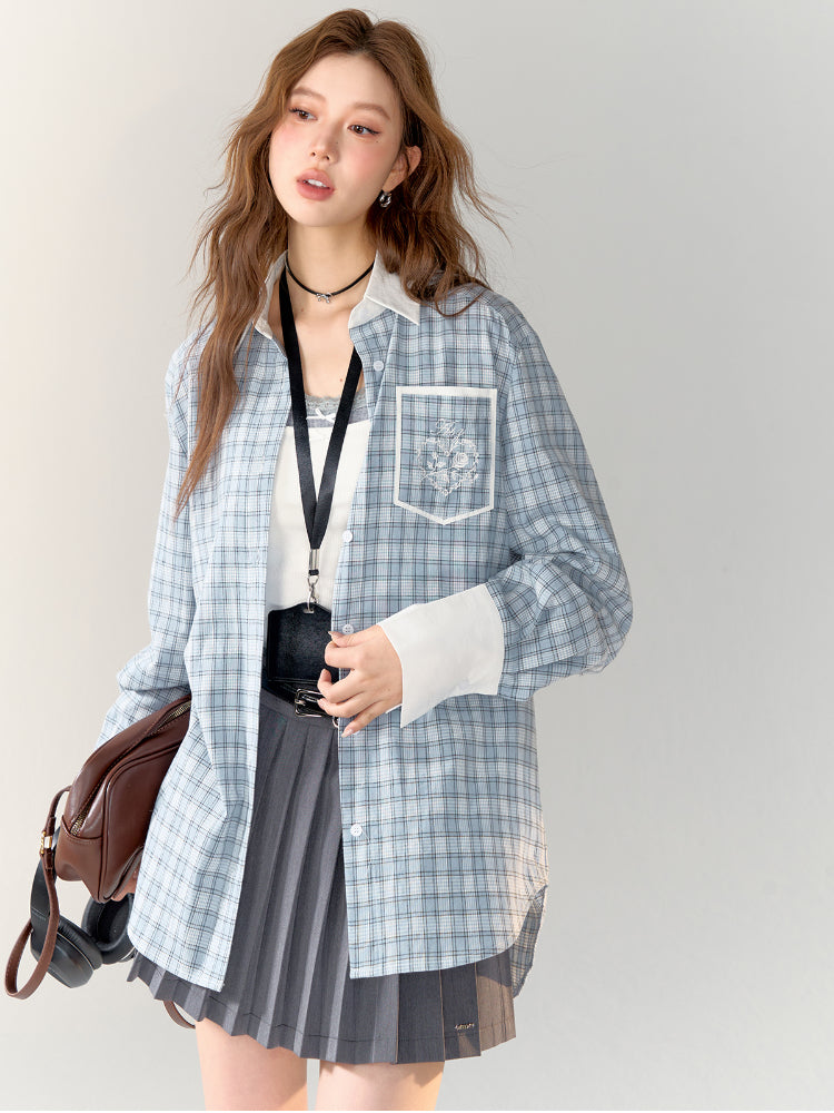 Color-block Blue Plaid Printed Shirt