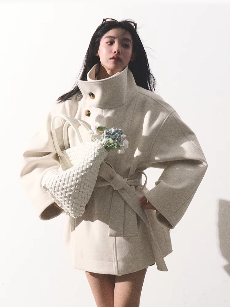 Stand-Collar Wool Short Coat