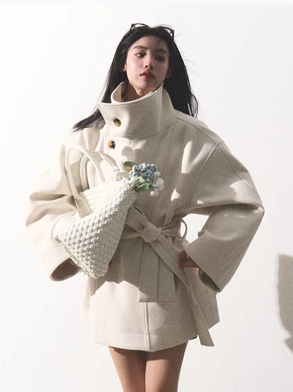 Stand-Collar Wool Short Coat