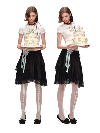 Asymmetric Pleated Satin Lace Midi Skirt