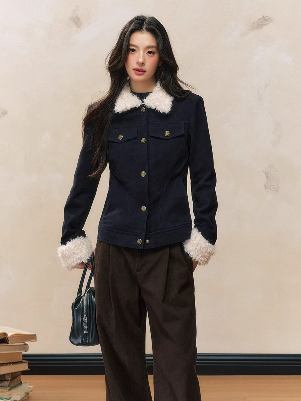 Navy Blue Fur-Collar Short Jacket