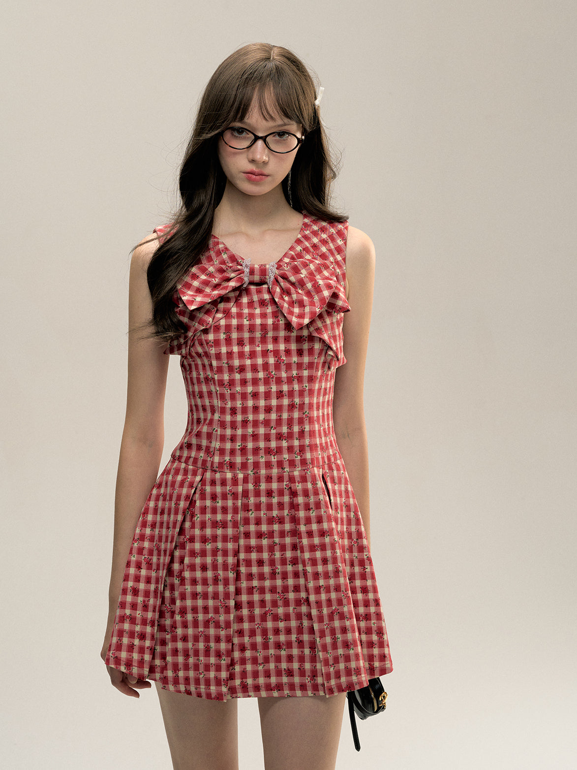 Red Gingham Sleeveless Round-neck Dress