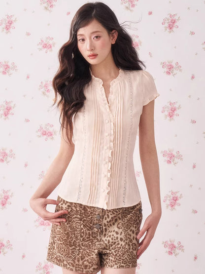 Ruffle Lace Waist-Fit Short Sleeve Blouse