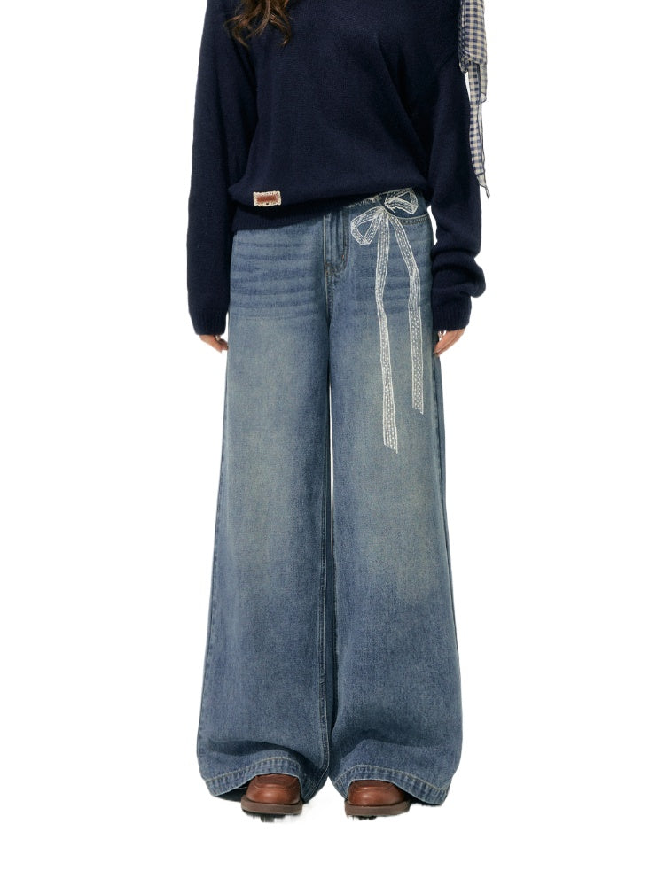 Lace Printed Wide-Leg Jeans - CHINASQUAD