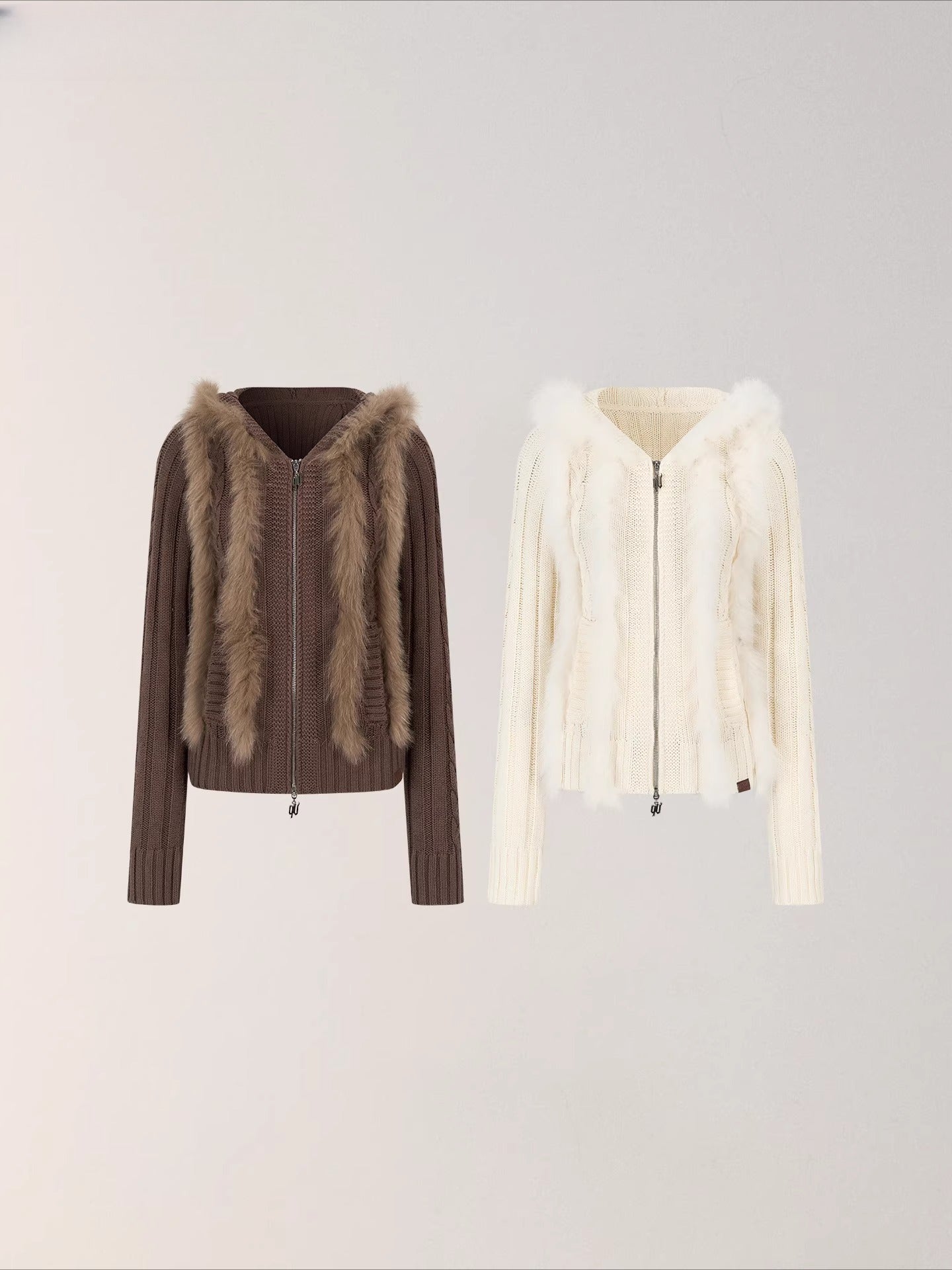 Fox Fur Trim Hooded Knit Cardigan