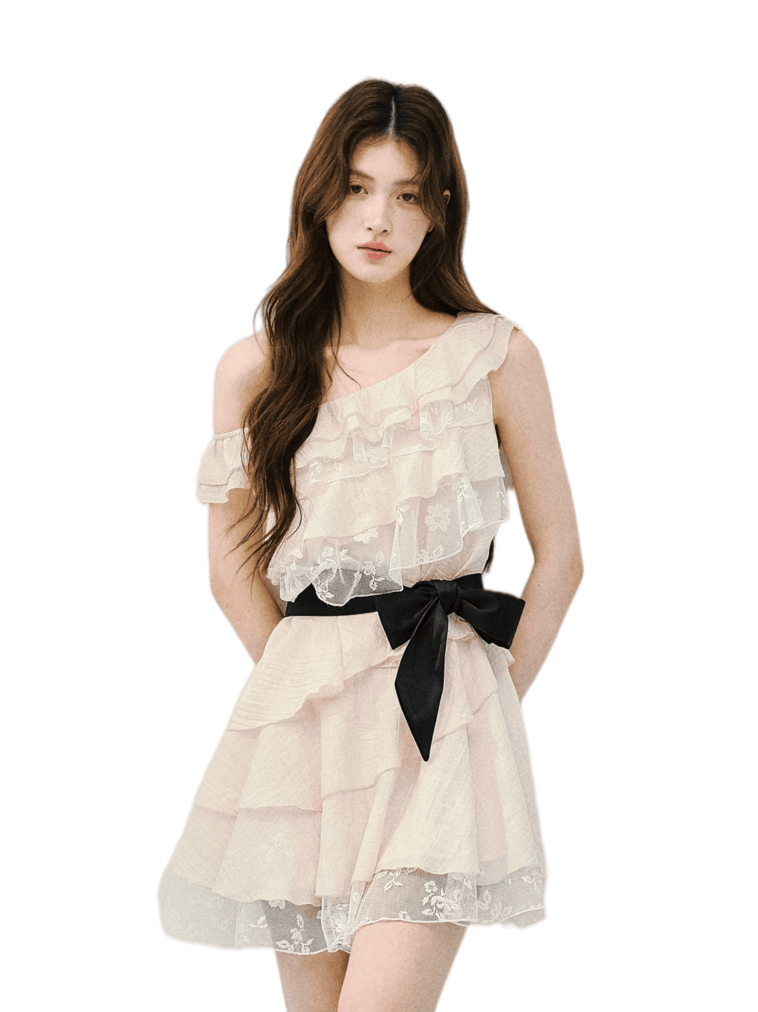 Asymmetric Lace Tiered Ruffle Dress