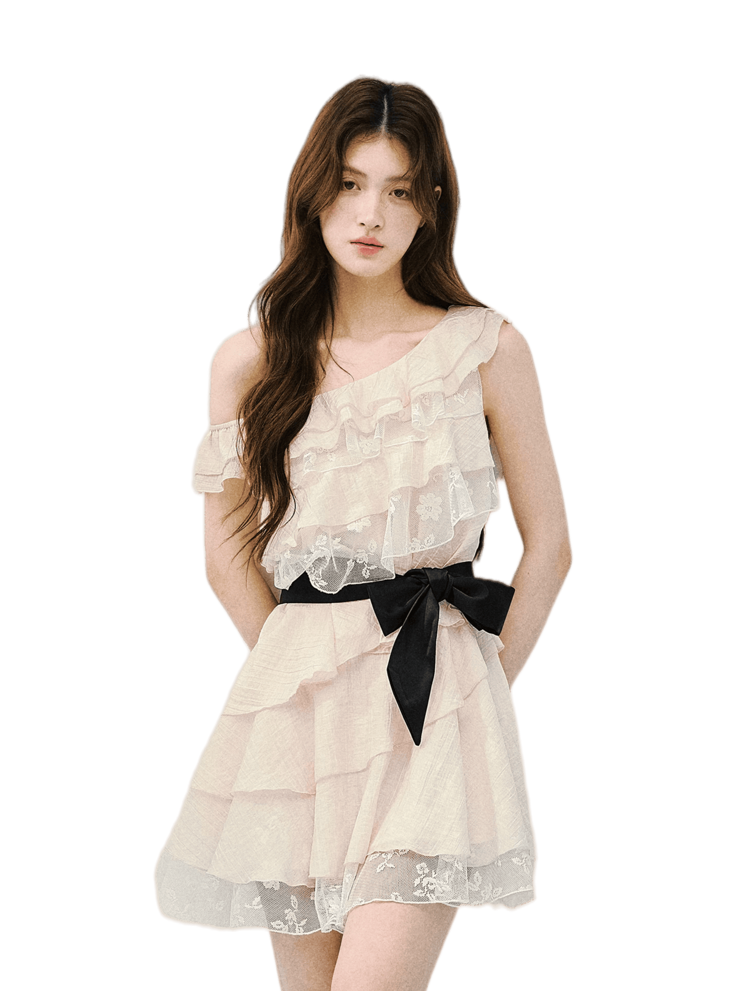 Asymmetric Lace Tiered Ruffle Dress