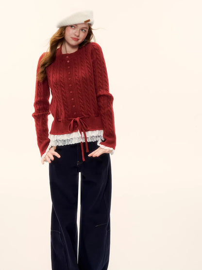 Cable Knit Lace-Hem Drawstring Sweater