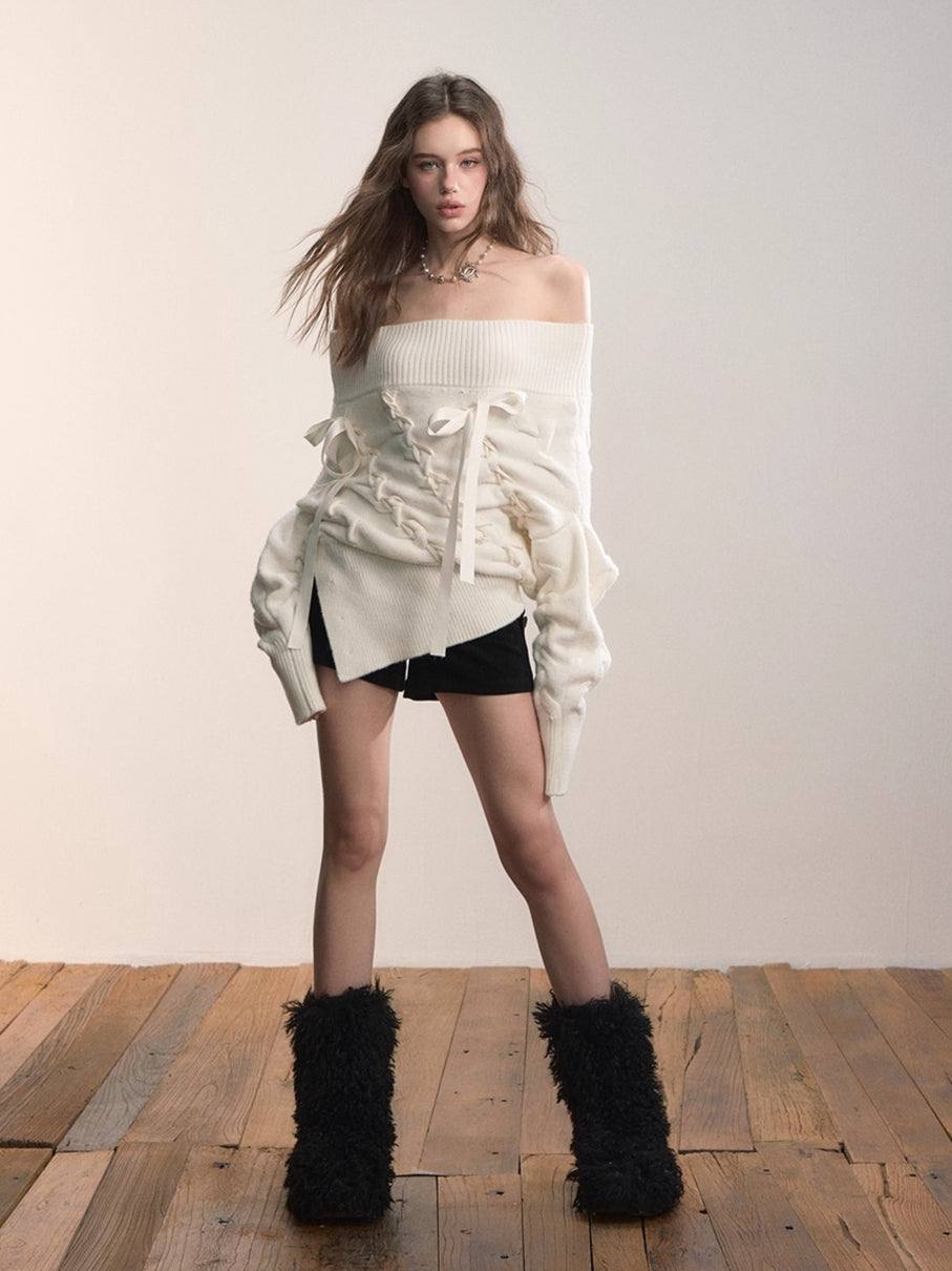 Asymmetric Off-Shoulder Cable Knit Sweater