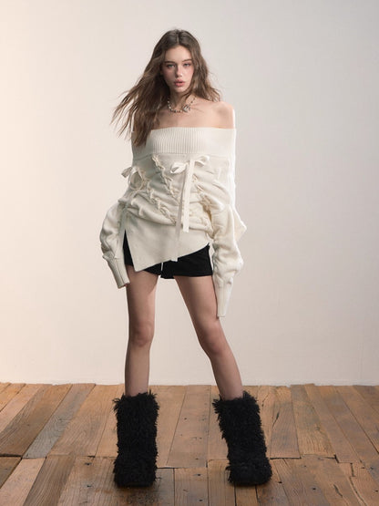 Asymmetric Off-Shoulder Cable Knit Sweater