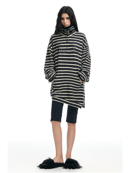 Striped Stand-Collar Fleece-Lined Loose Sweatshirt