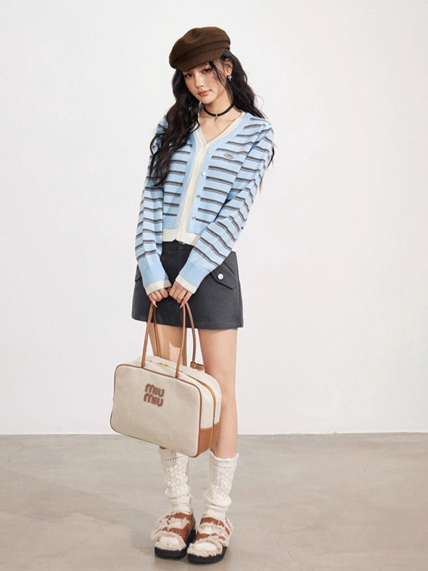 Striped Layered-Effect V-Neck Knit Cardigan