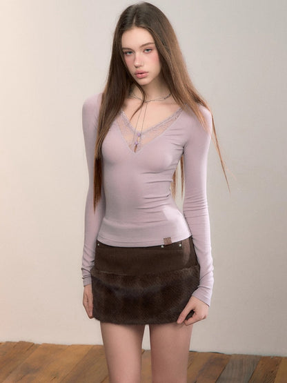 Faux Fur-Trimmed Wool Blend Mini Skirt