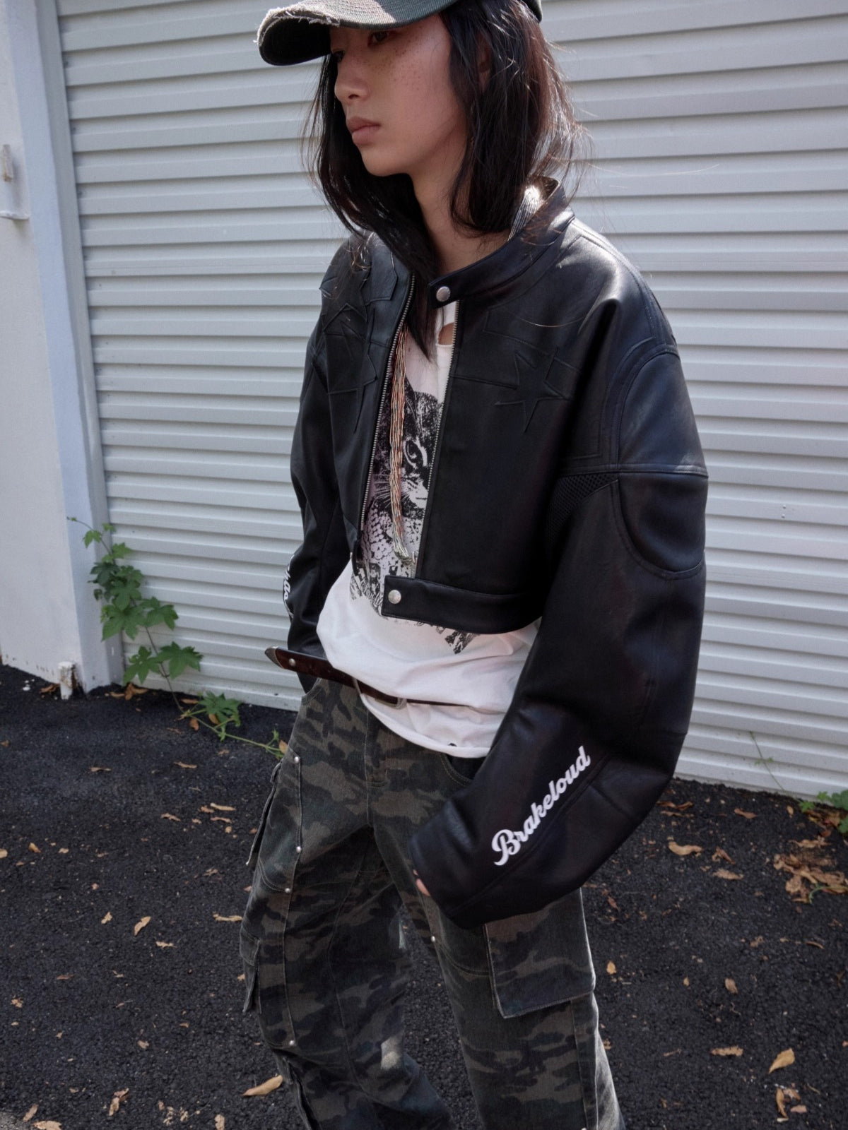 Letter Print Structured Cropped Moto Jacket