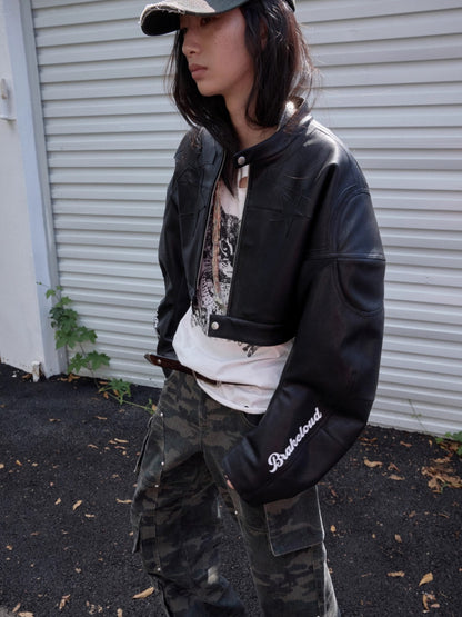 Letter Print Structured Cropped Moto Jacket