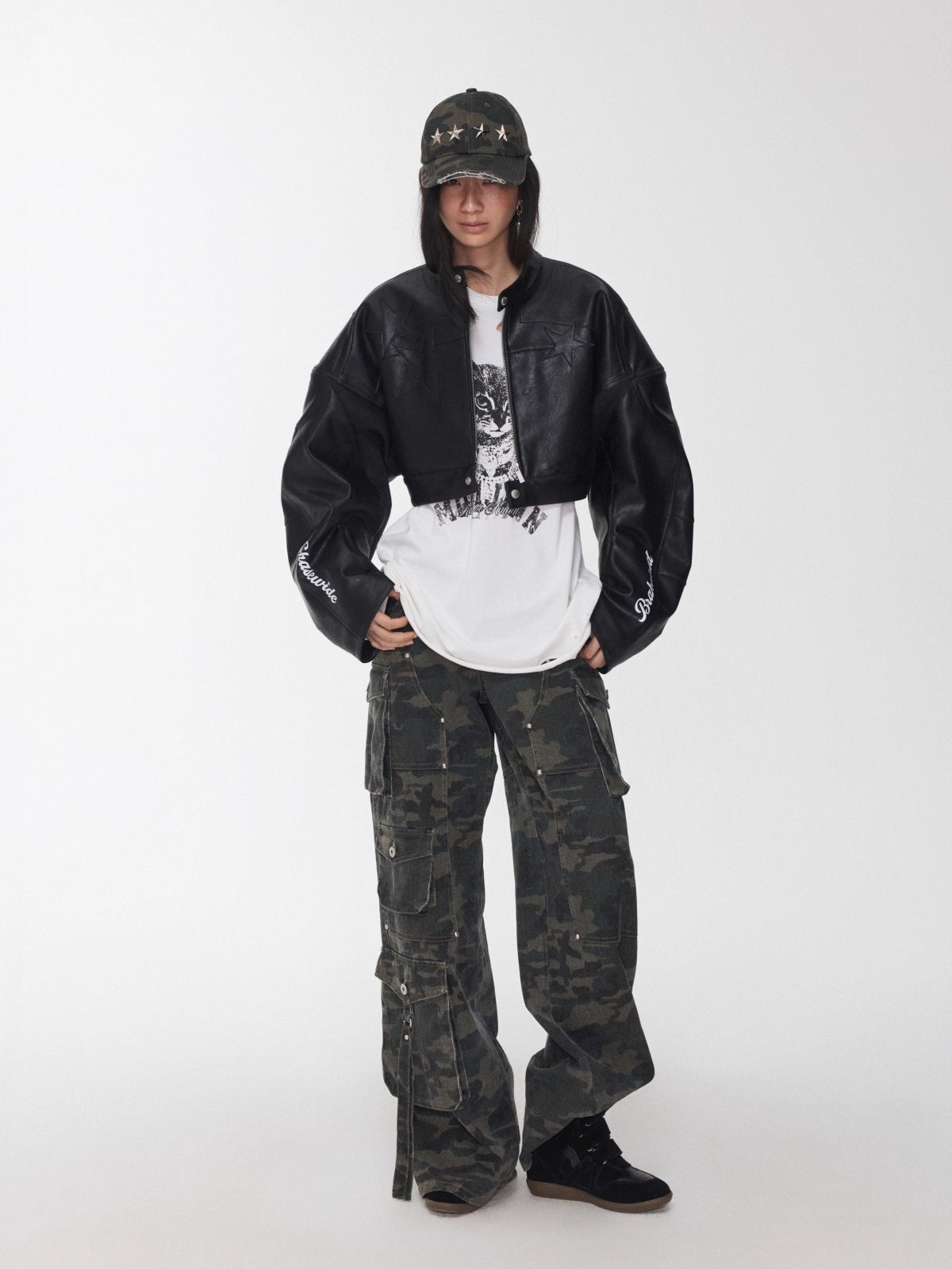 Letter Print Structured Cropped Moto Jacket