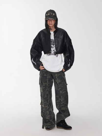 Letter Print Structured Cropped Moto Jacket