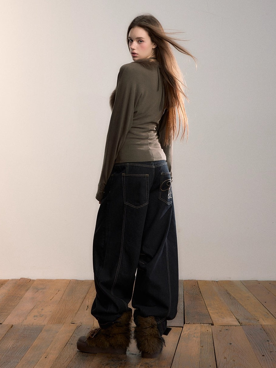 Fox Fur Panel Layered Knit V-neck