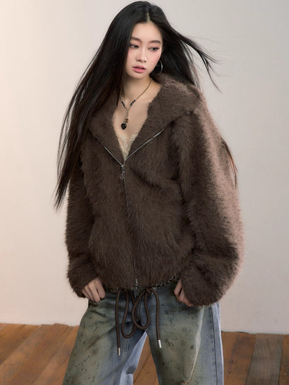 Fuzzy Hooded Plush Sweatshirt Jacket