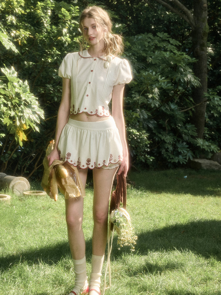 Lace Embroidery Airy Shirt &amp; Skirt Set