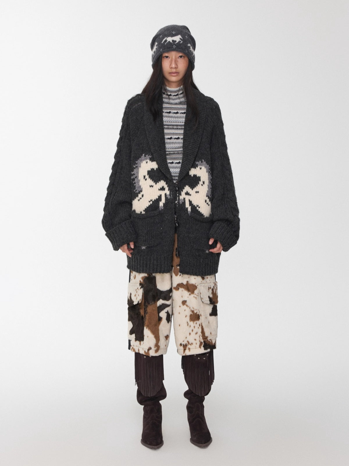 Pony Jacquard Horn-Button Chunky Cardigan