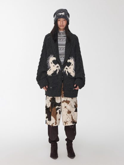 Pony Jacquard Horn-Button Chunky Cardigan