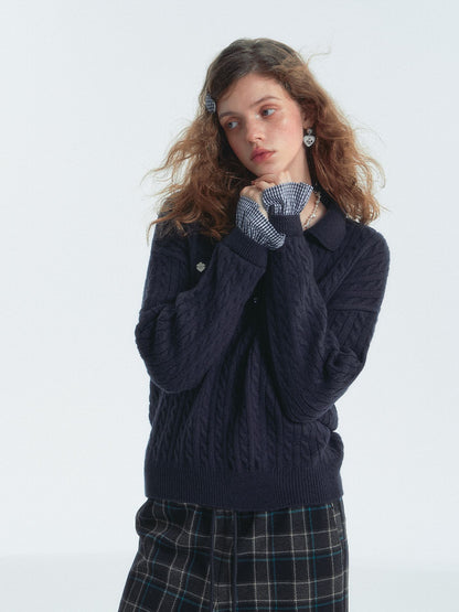 Cable Knit Polo Collar Plaid Splicing Sweater