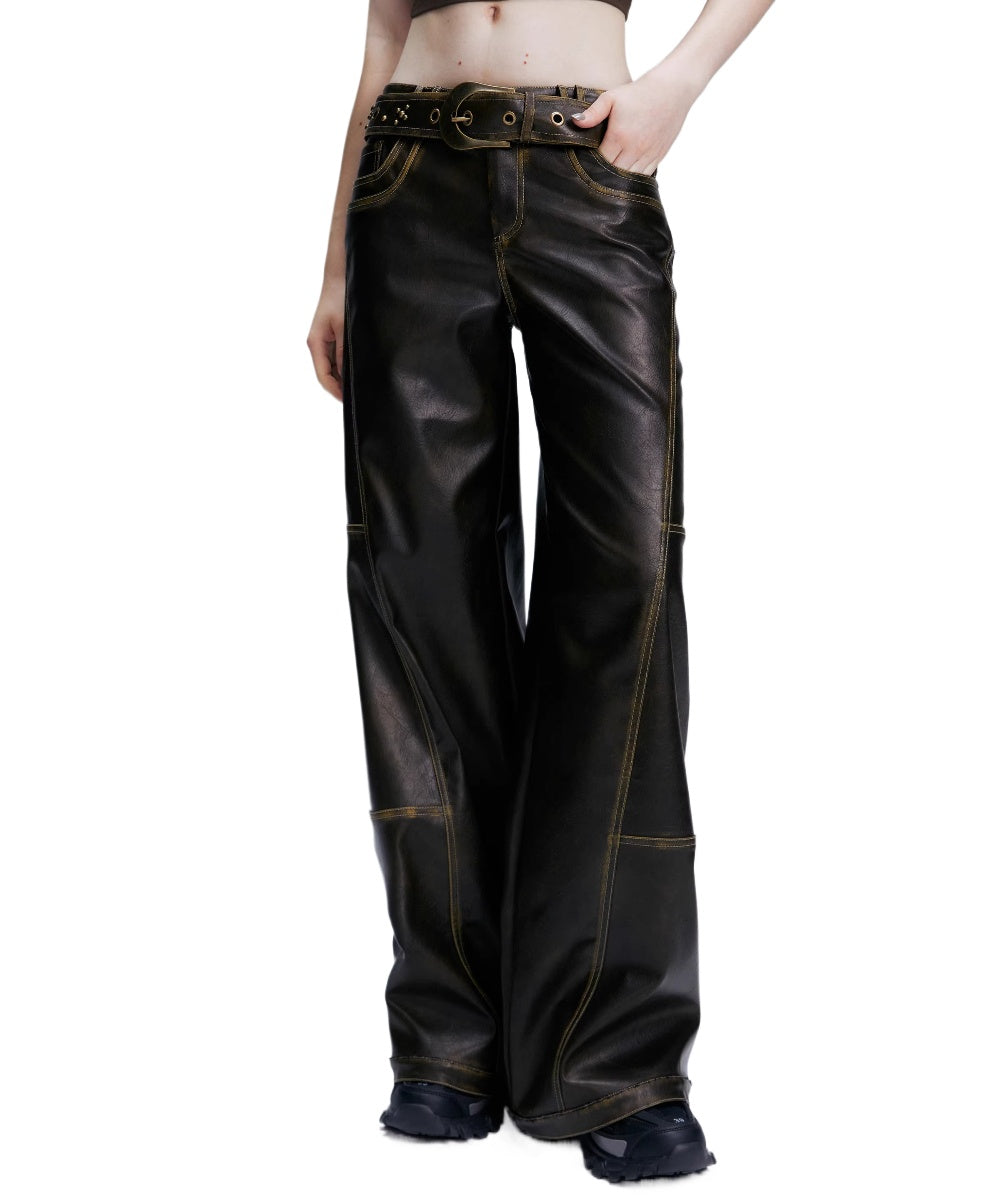 Brown PU Straight-Leg Pants