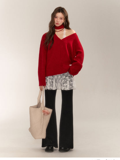 Halter V-Neck Loose Knit Sweater