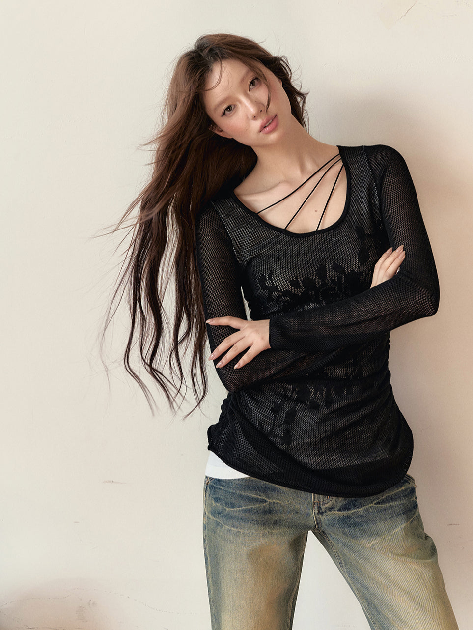 Black Mesh Hollow-Out Blouse